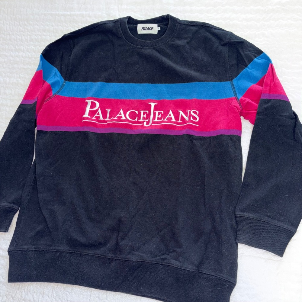 Palace Jeans Crew Sweatshirt Black Pink Blue Striped Logo Pullover Mens Large